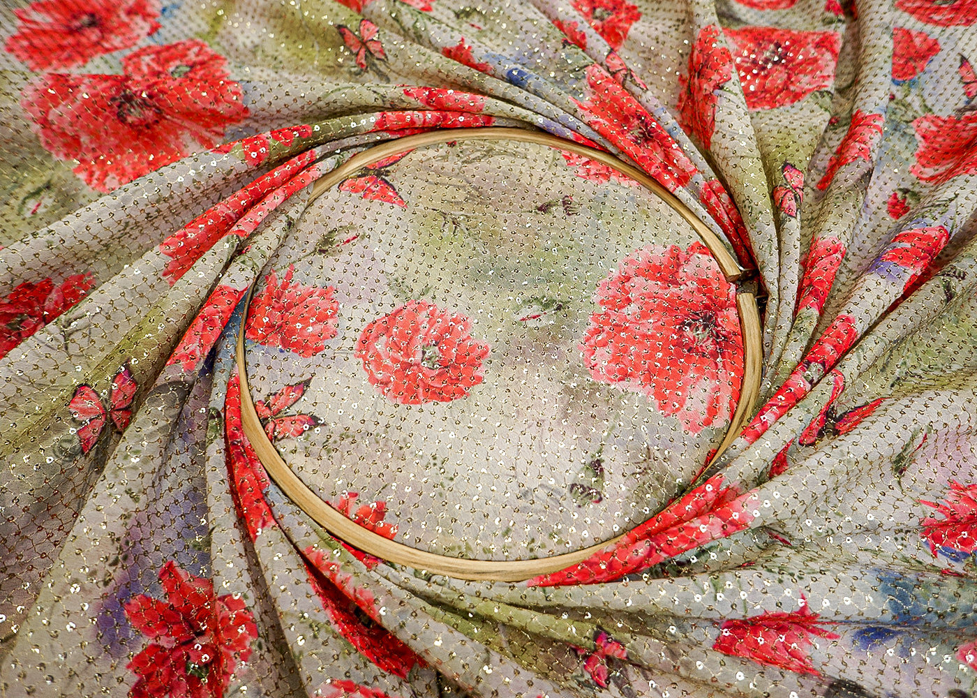 Multi-Color Georgette Fabric with Allover Thread & Sequin Work