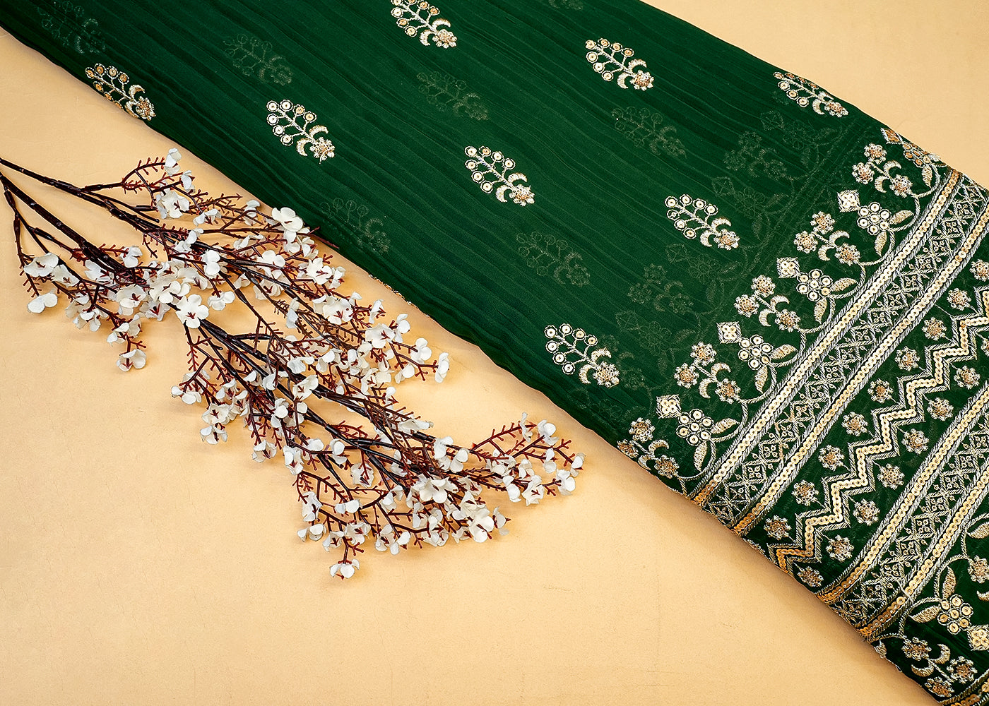 Pleated Georgette Fabric with Allover Thread & Sequin Work