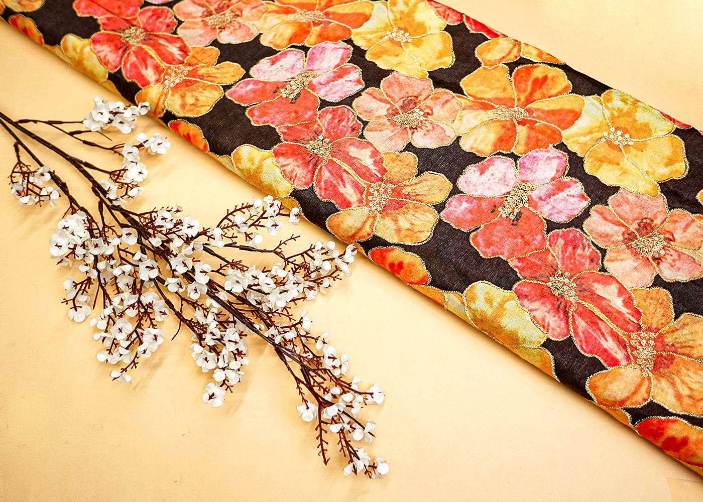 Black Chinon Chiffon Fabric with Allover Floral Thread & Sequin Design