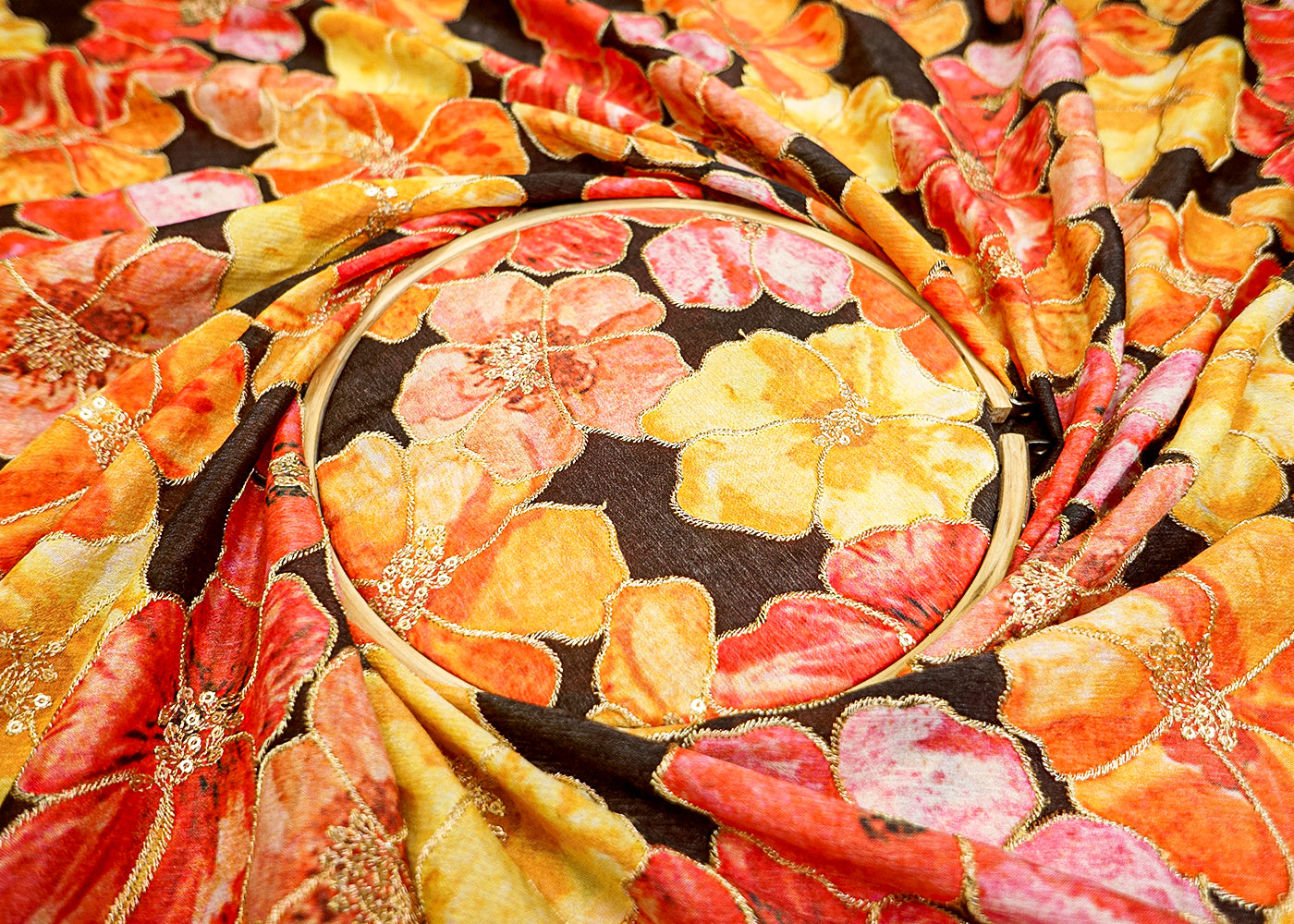 Black Chinon Chiffon Fabric with Allover Floral Thread & Sequin Design