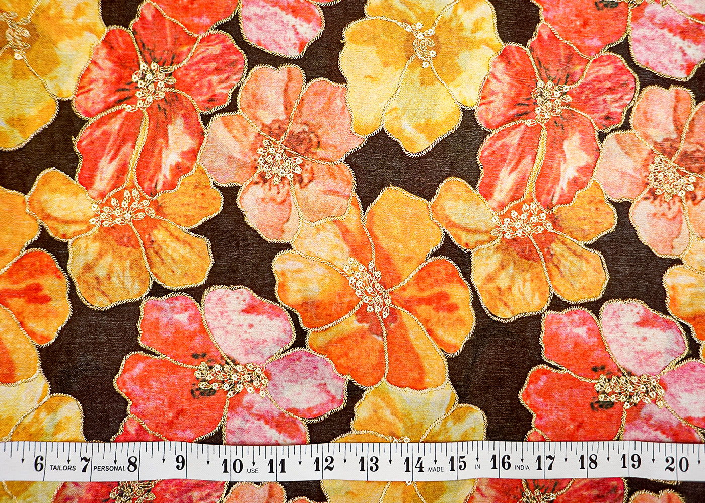 Black Chinon Chiffon Fabric with Allover Floral Thread & Sequin Design