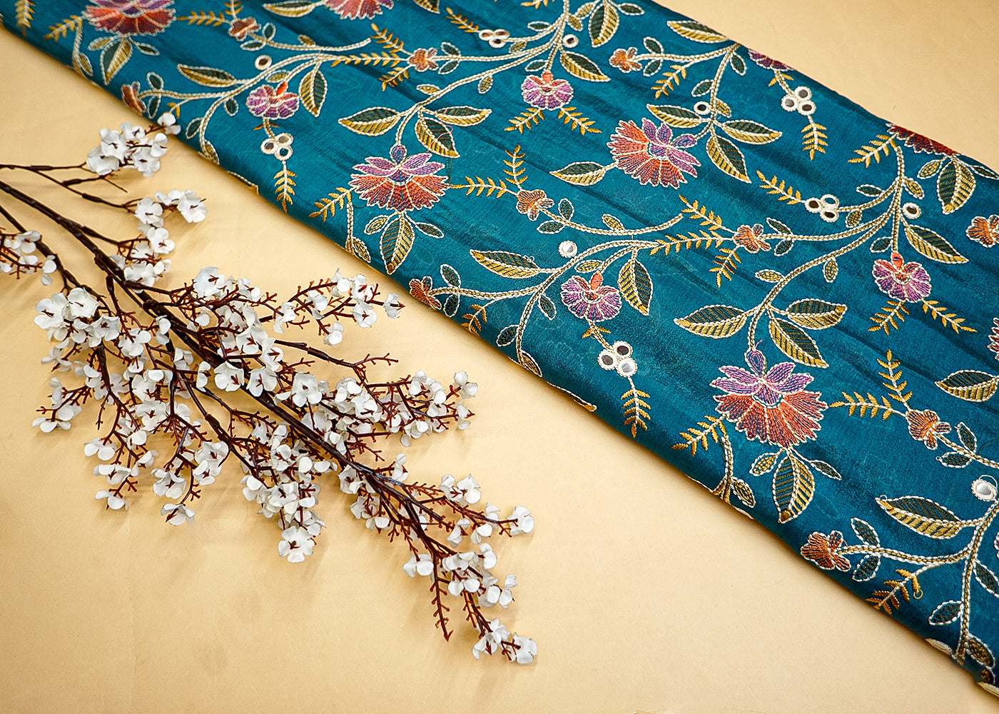 Teal Blue Chinon Chiffon Fabric with Allover Floral Thread & Faux Mirror Work