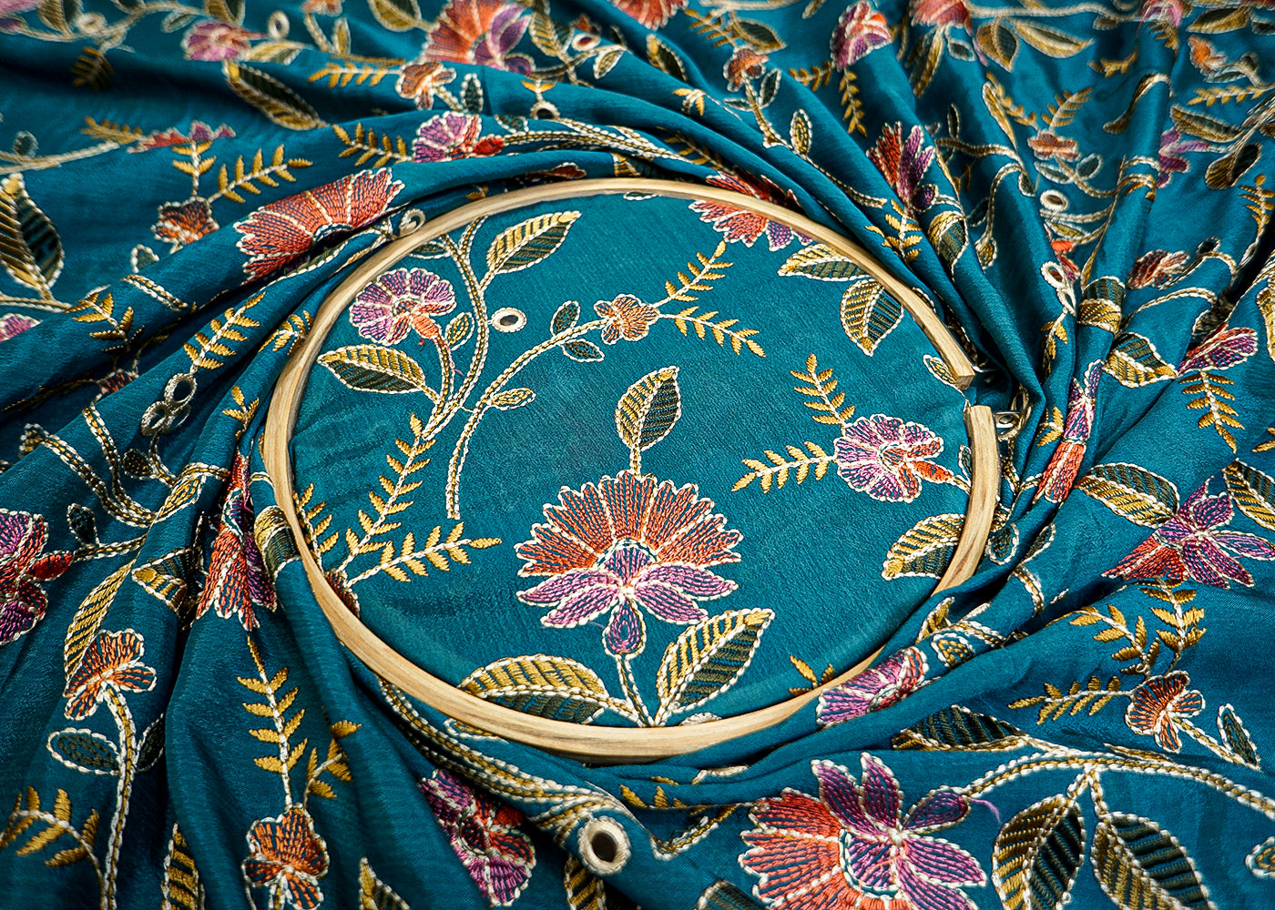 Teal Blue Chinon Chiffon Fabric with Allover Floral Thread & Faux Mirror Work