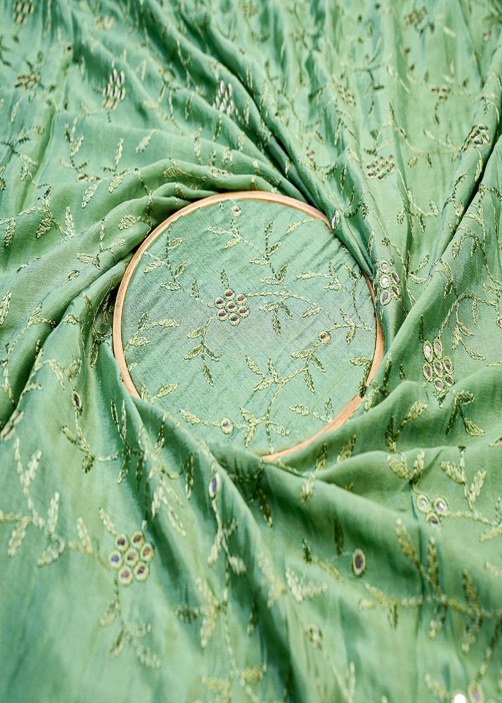 Green-Chinon-Chiffon-Fabric-with-Allover-Floral-Thread-&-Faux-Mirror-Work-13027-close-view