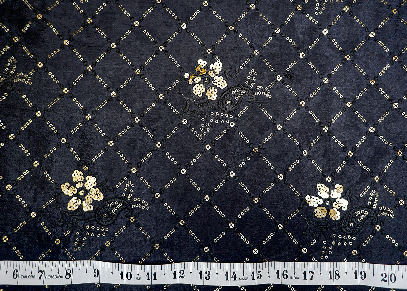 Black Chinon Chiffon Fabric with Allover Thread & Sequin Embroidery