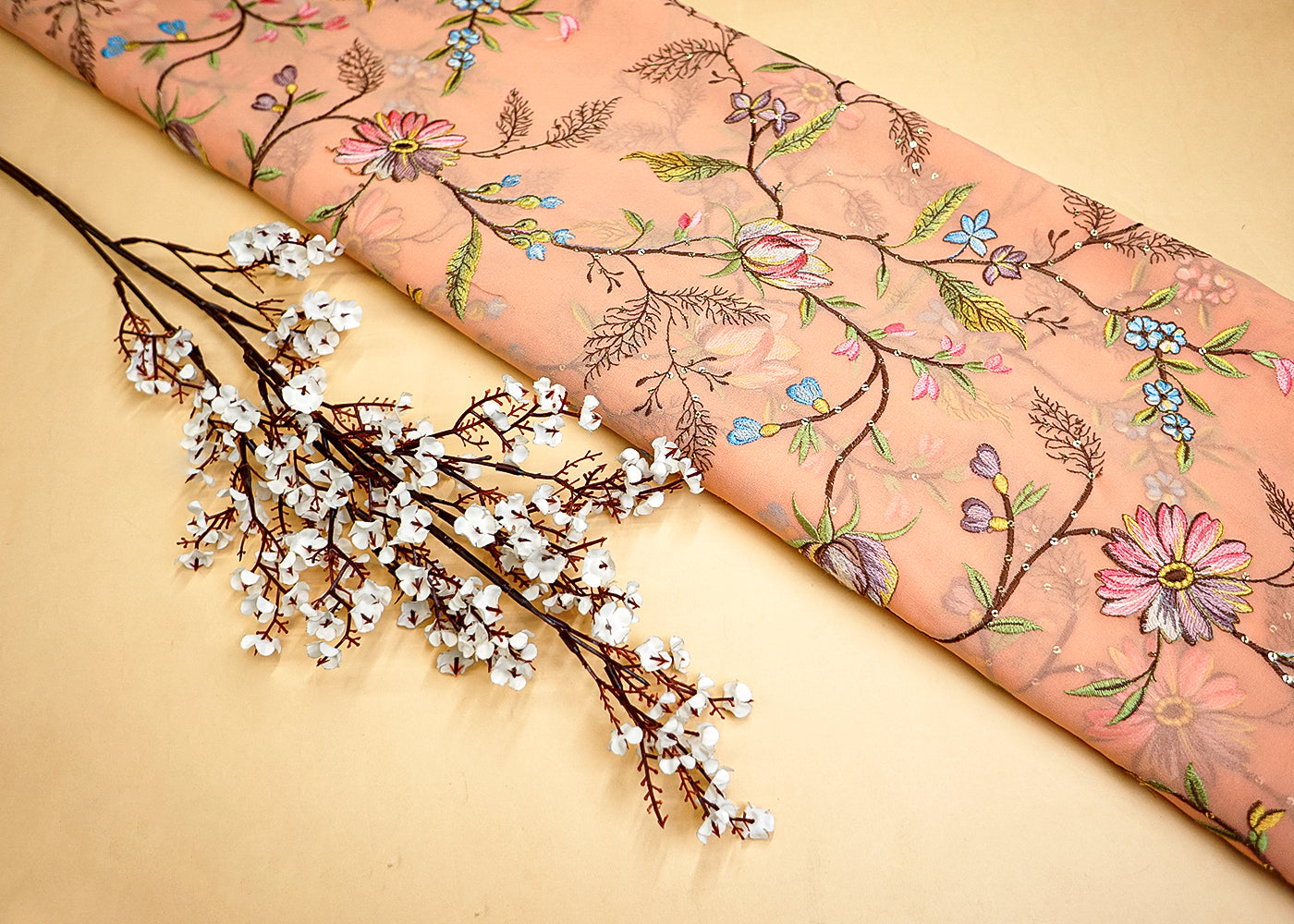 Peach Georgette Fabric with Allover Multicolor Thread & Sequin Work