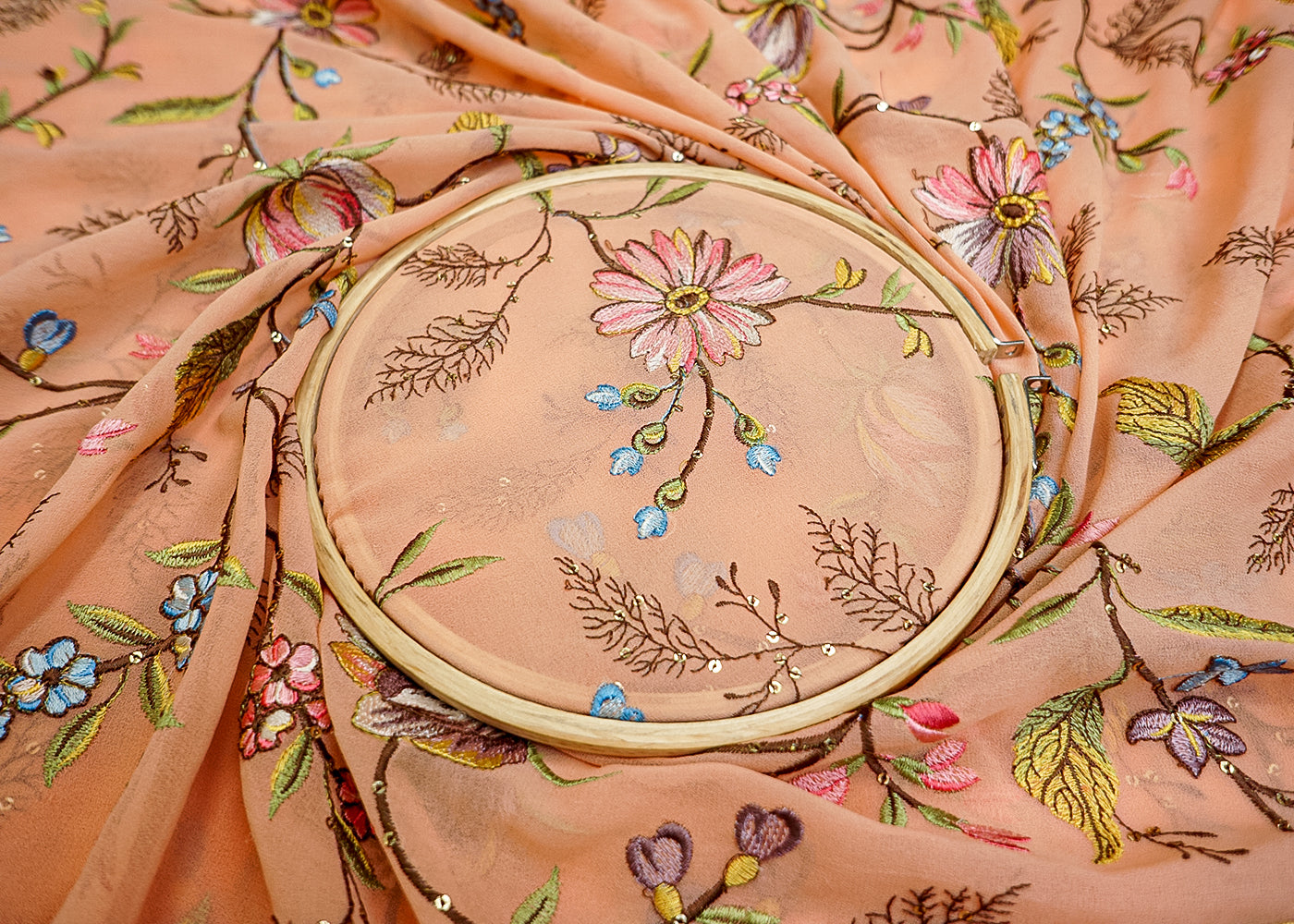 Peach Georgette Fabric with Allover Multicolor Thread & Sequin Work