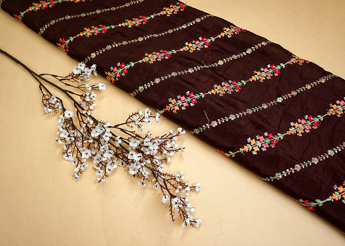 Brown Chinon Chiffon Fabric with Allover Thread & Sequin Embroidery