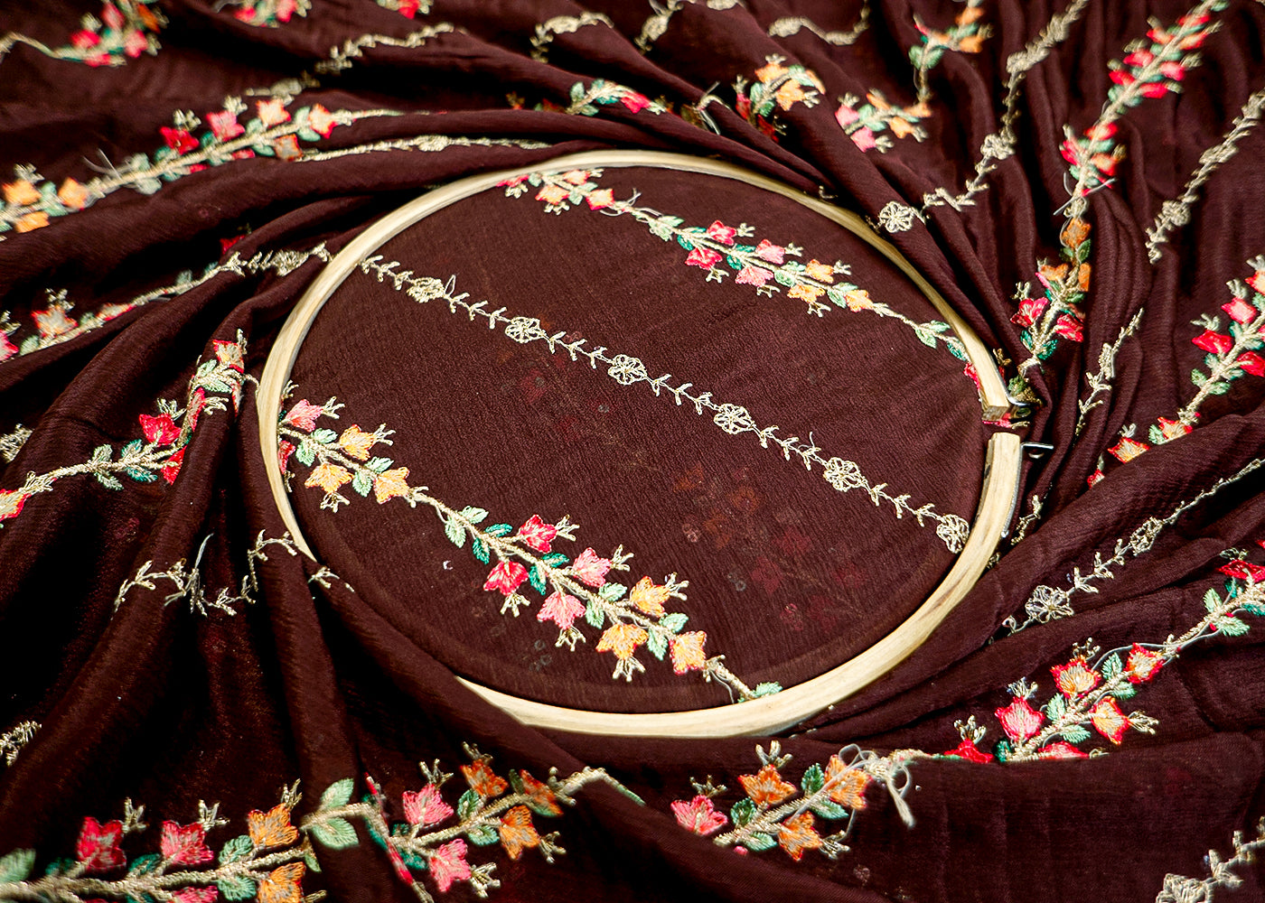 Brown Chinon Chiffon Fabric with Allover Thread & Sequin Embroidery