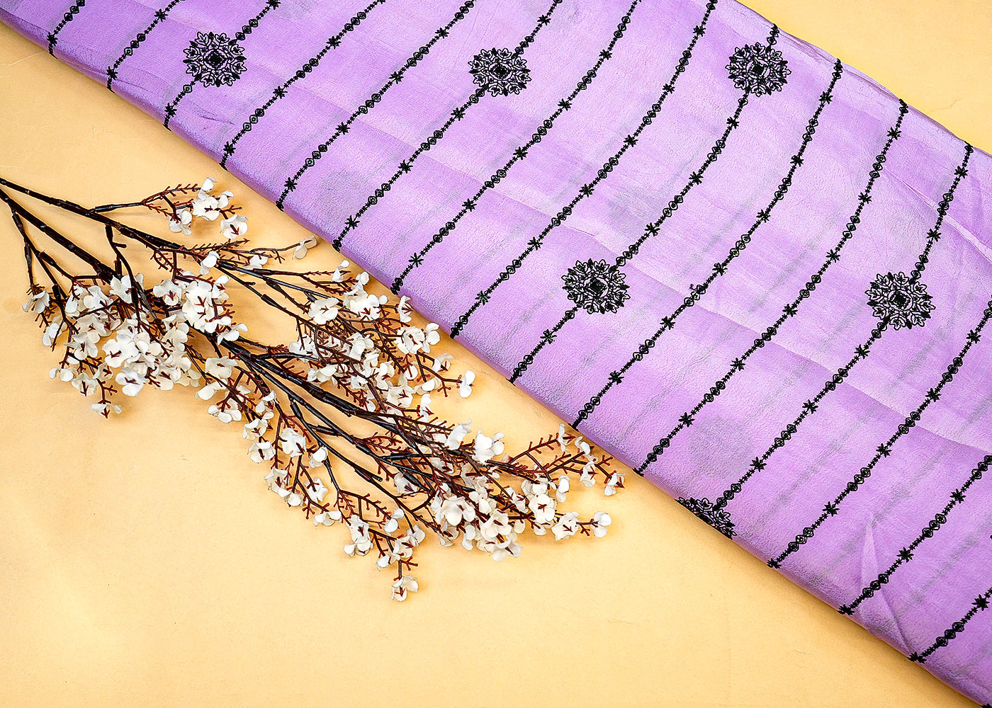 Lavender Crepe Fabric with Allover Striped Black Threadwork