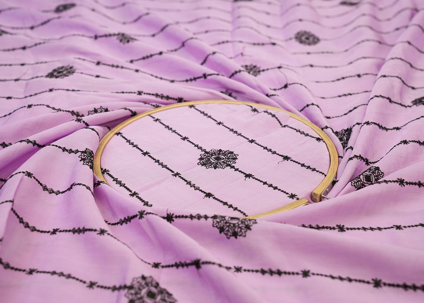 Lavender Crepe Fabric with Allover Striped Black Threadwork