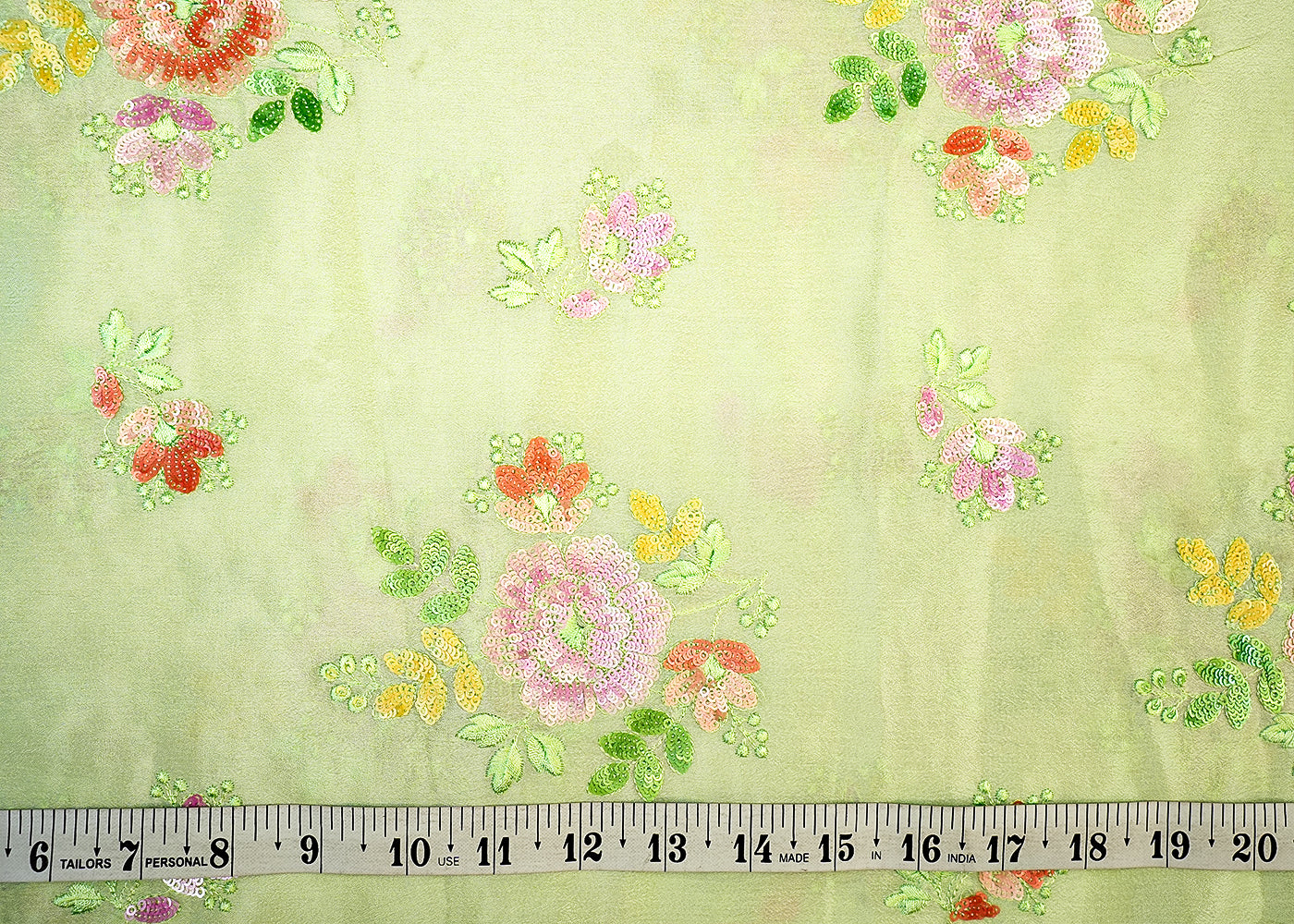 Pista Green Chinon Chiffon Fabric with Allover Thread & Sequin Embroidery