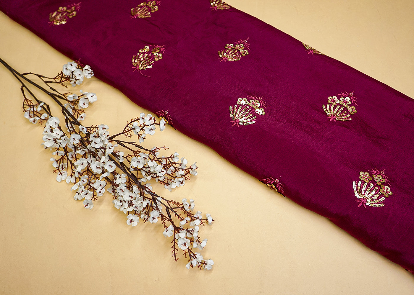 Wine Chinon Chiffon Fabric with Allover Thread & Sequin Buti