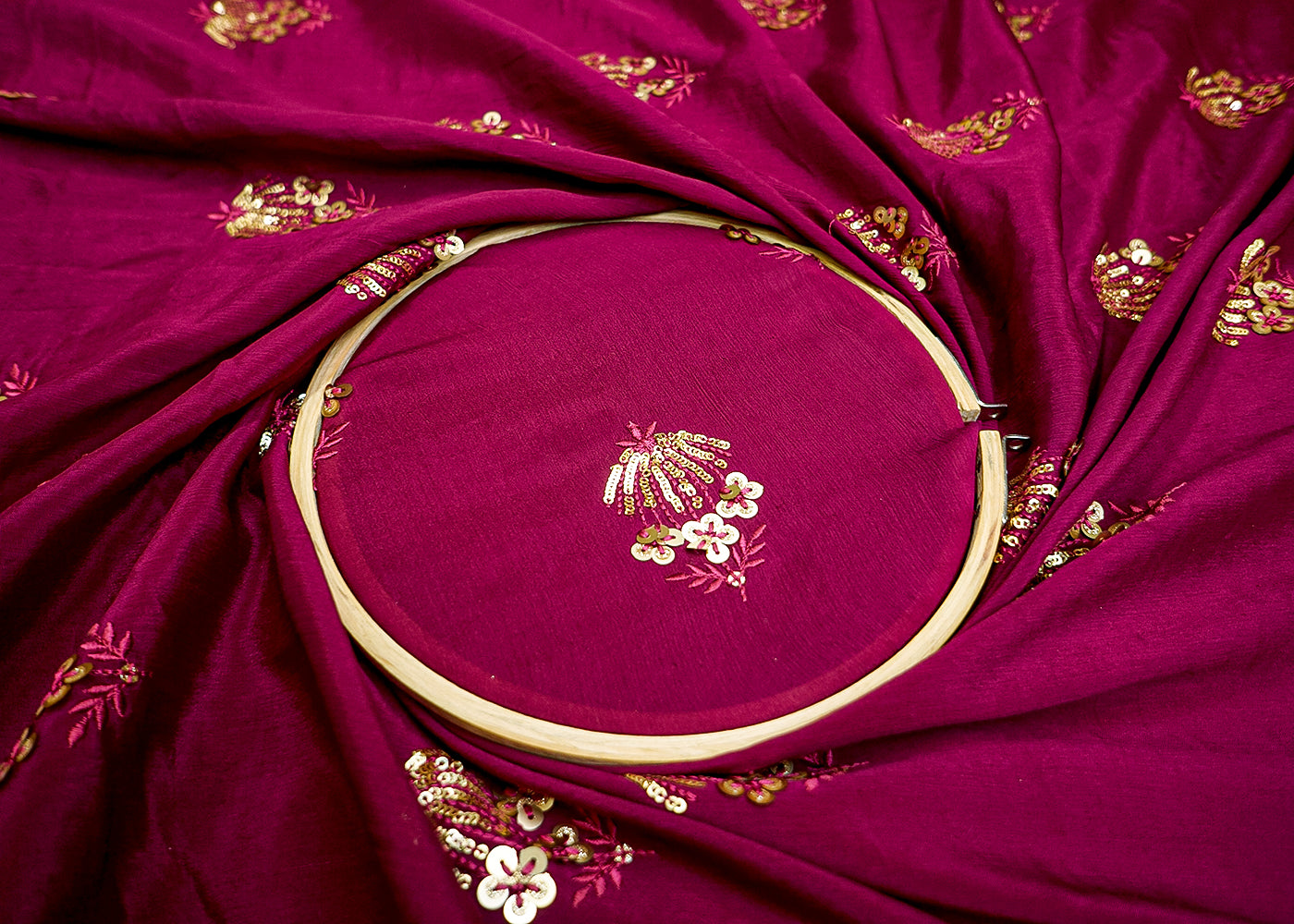 Wine Chinon Chiffon Fabric with Allover Thread & Sequin Buti