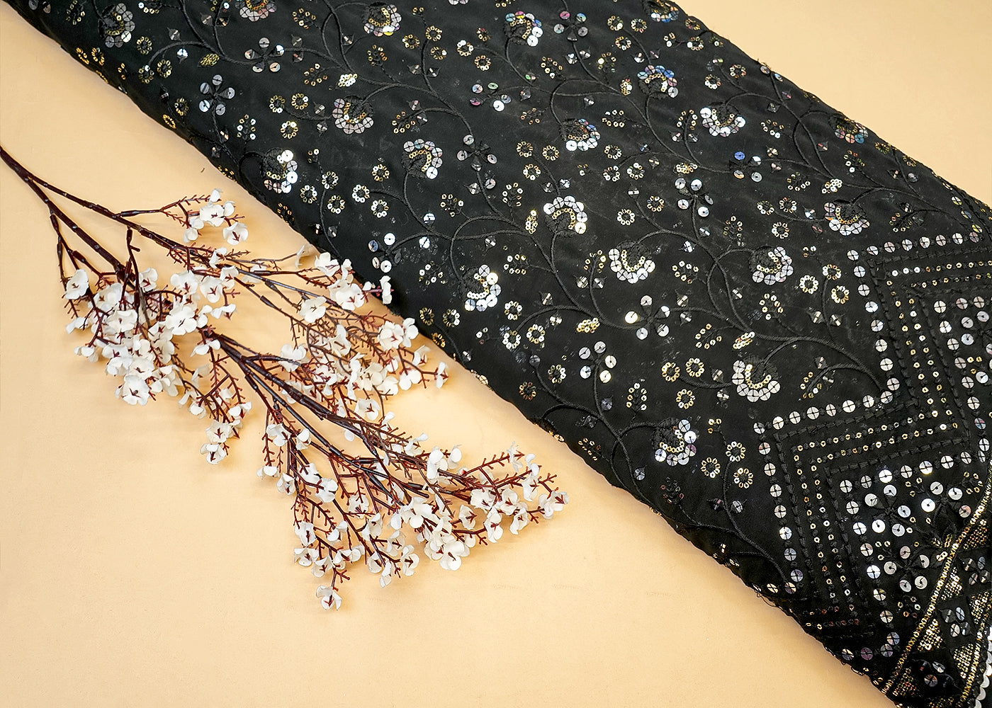 Black Georgette Fabric with Allover Multicolor Thread & Sequin Work