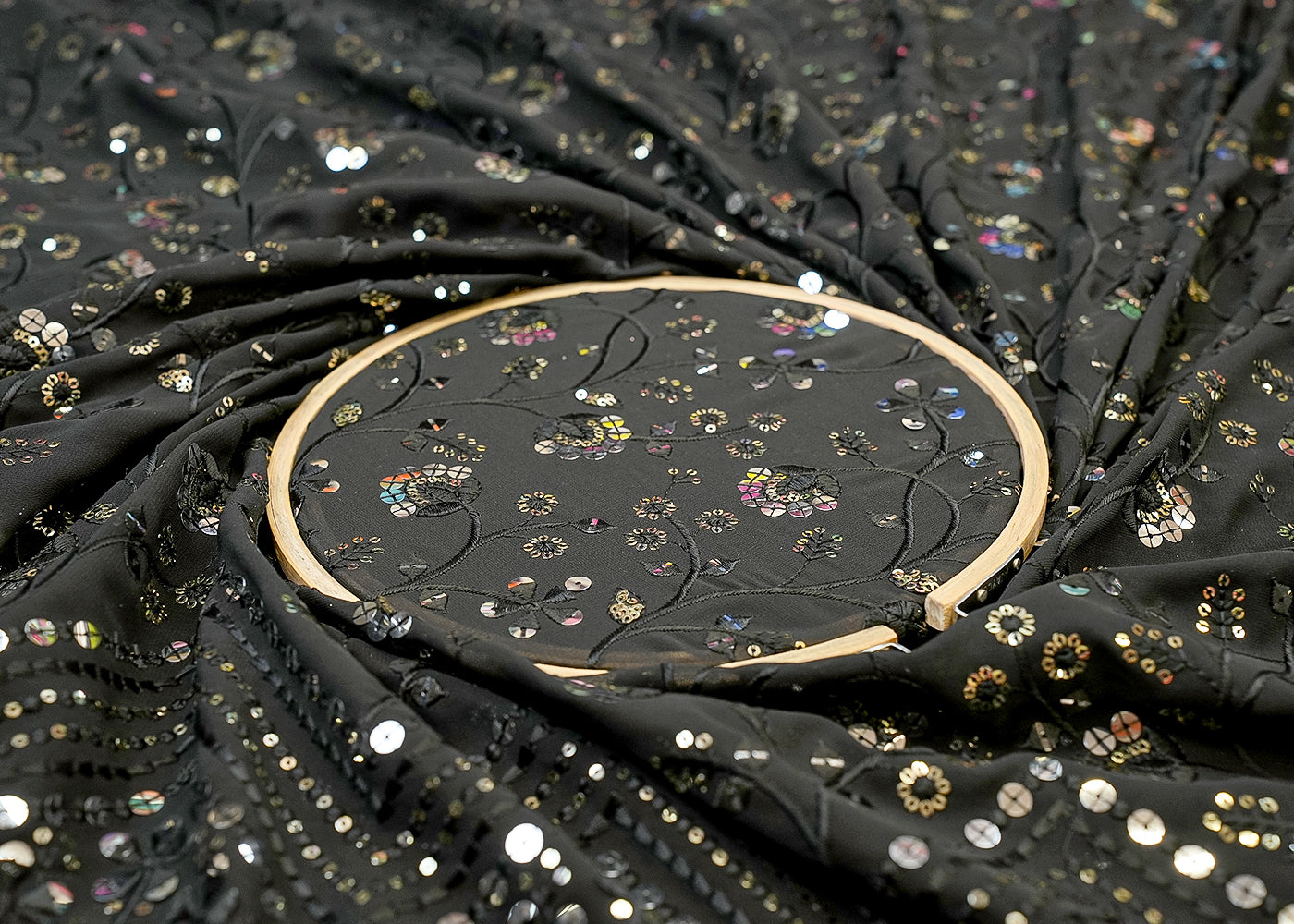 Black Georgette Fabric with Allover Multicolor Thread & Sequin Work