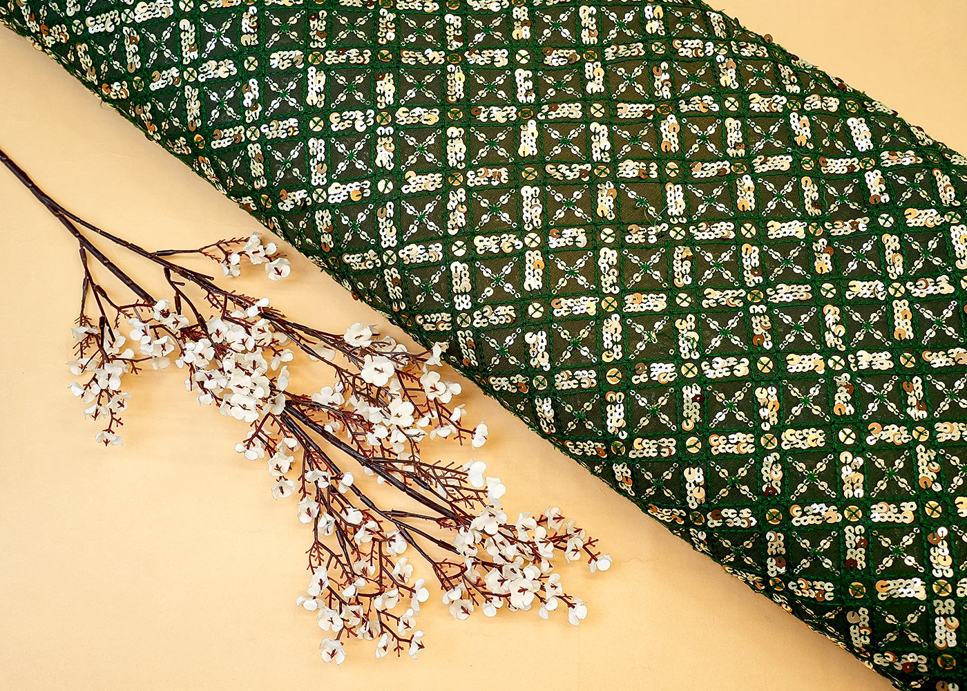 Dark Green Georgette Fabric with Allover Thread & Sequin Work