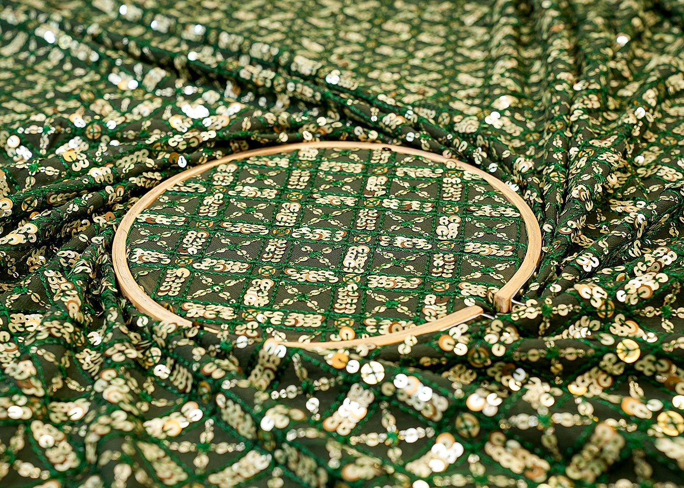 Dark Green Georgette Fabric with Allover Thread & Sequin Work