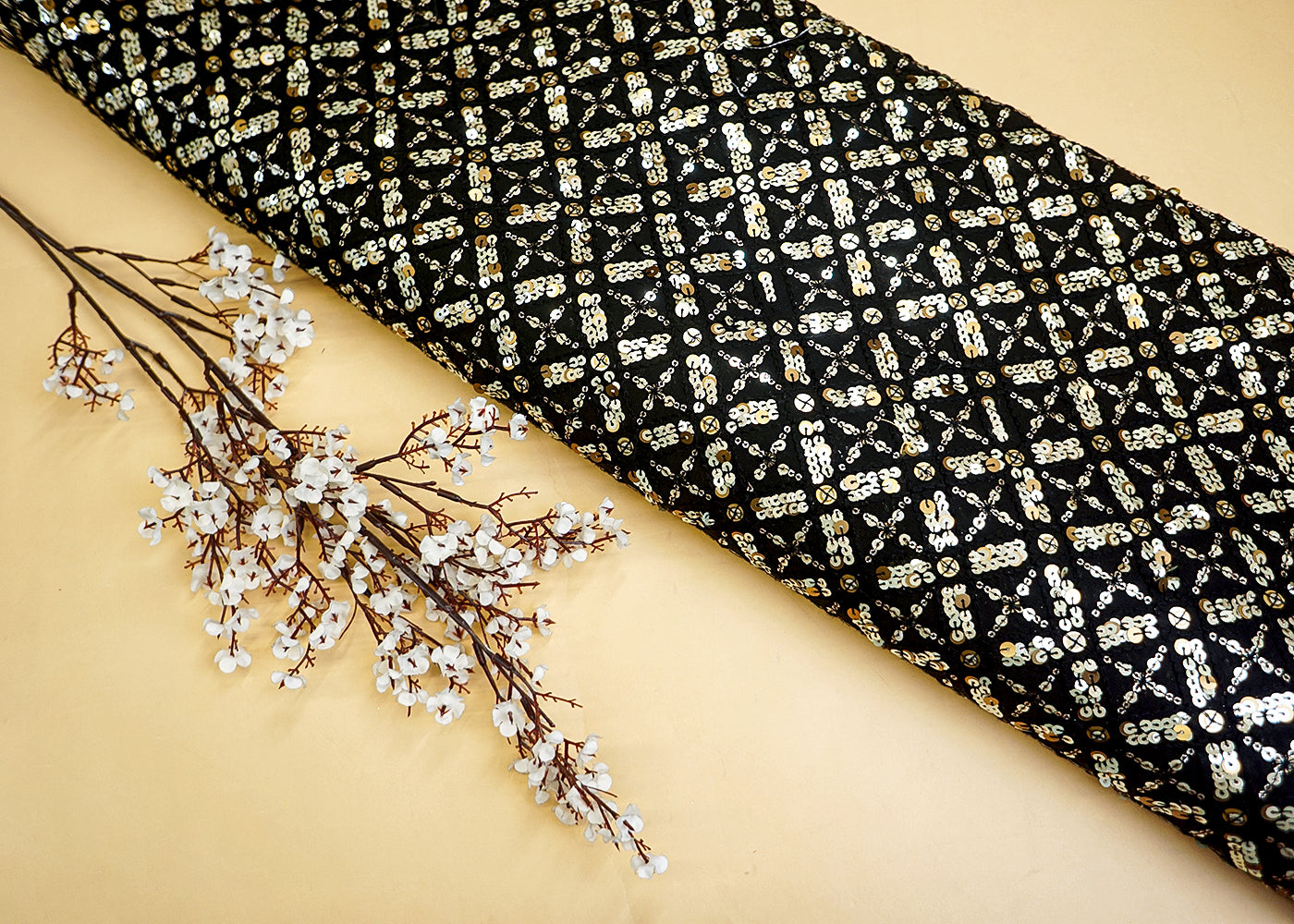 Black Georgette Fabric with Allover Thread & Sequin Work