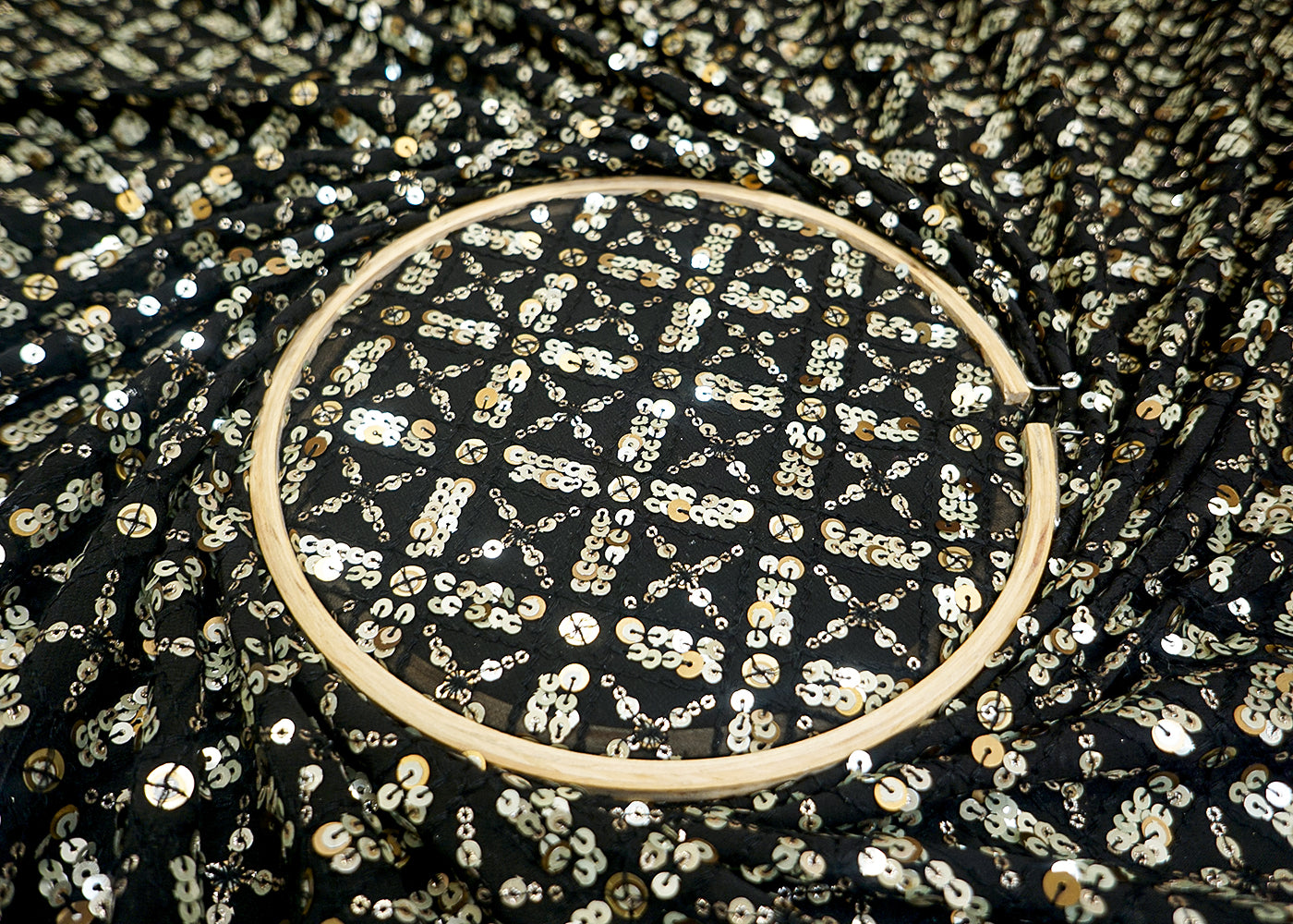 Black Georgette Fabric with Allover Thread & Sequin Work