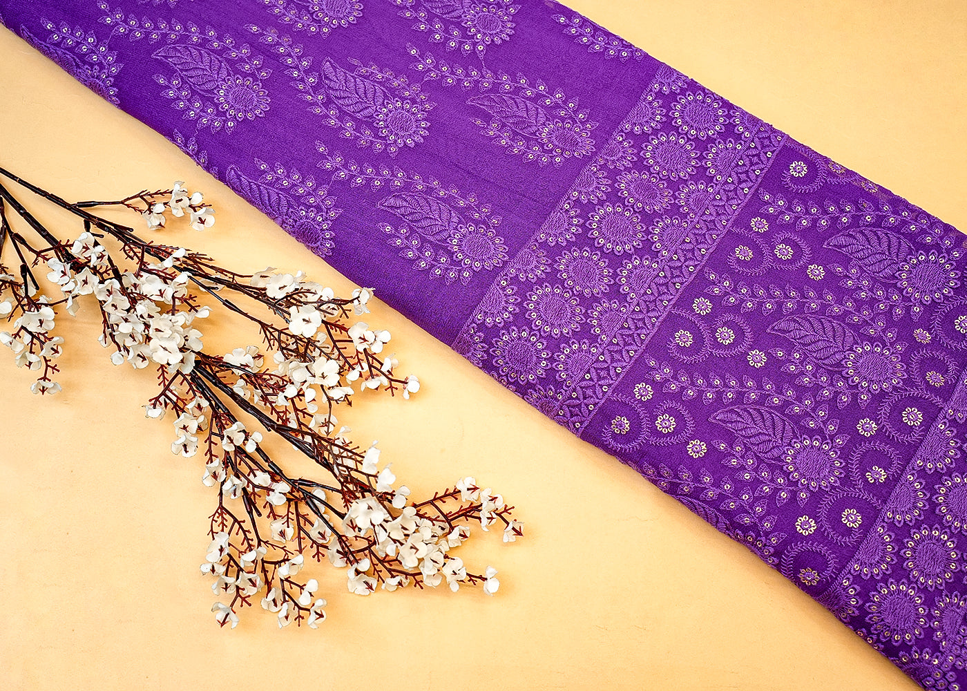 Purple Georgette Fabric with Allover Thread & Sequin Work