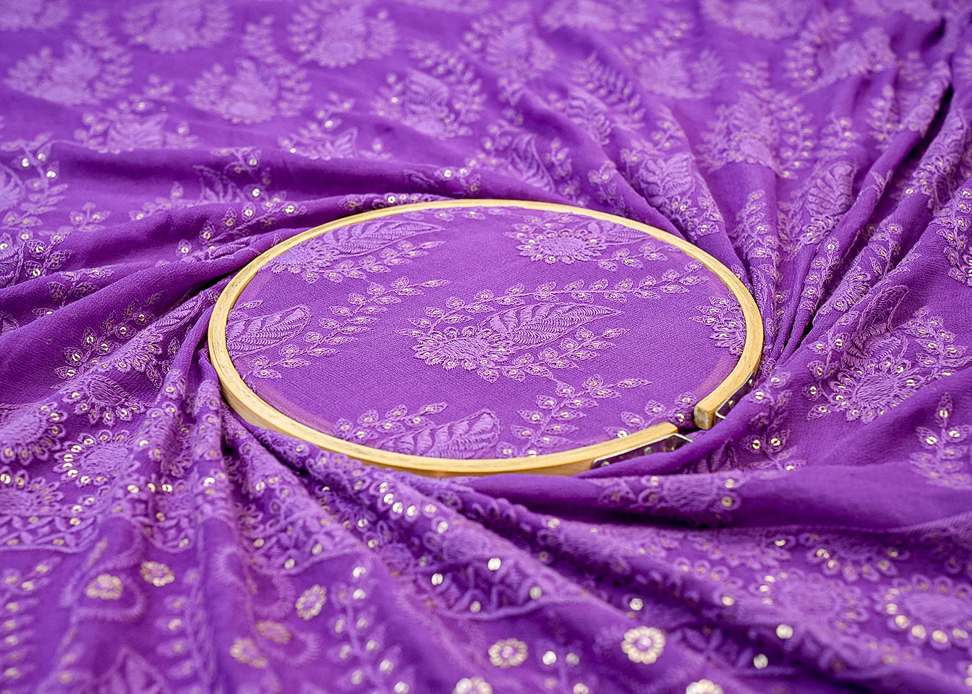 Purple Georgette Fabric with Allover Thread & Sequin Work