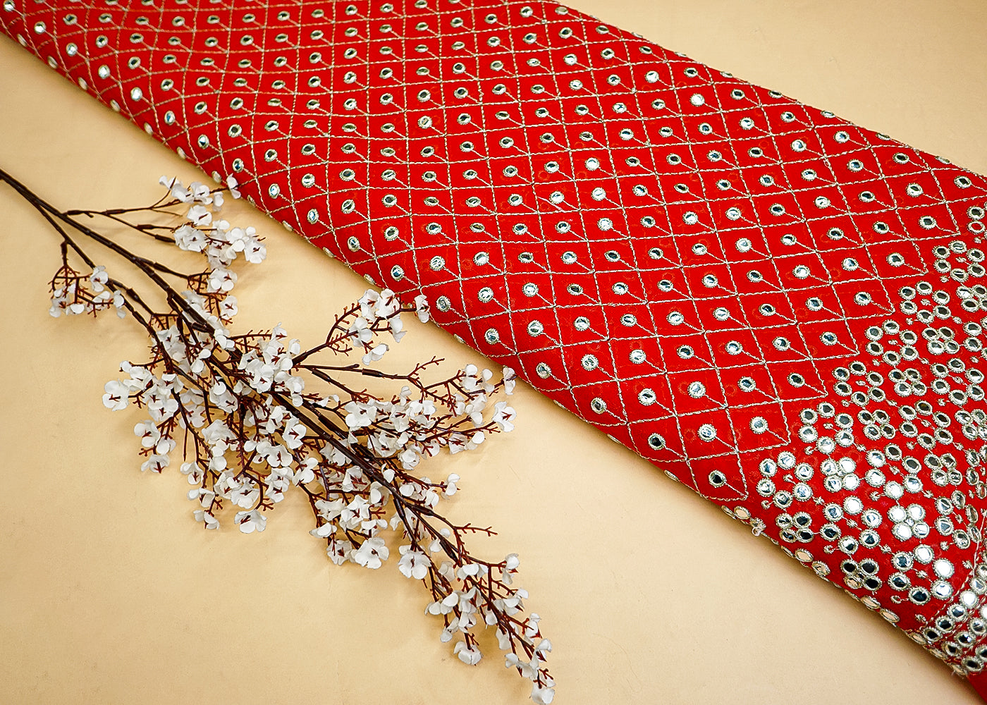 Red Georgette Fabric with Allover Faux Mirror, Thread & Sequin Work