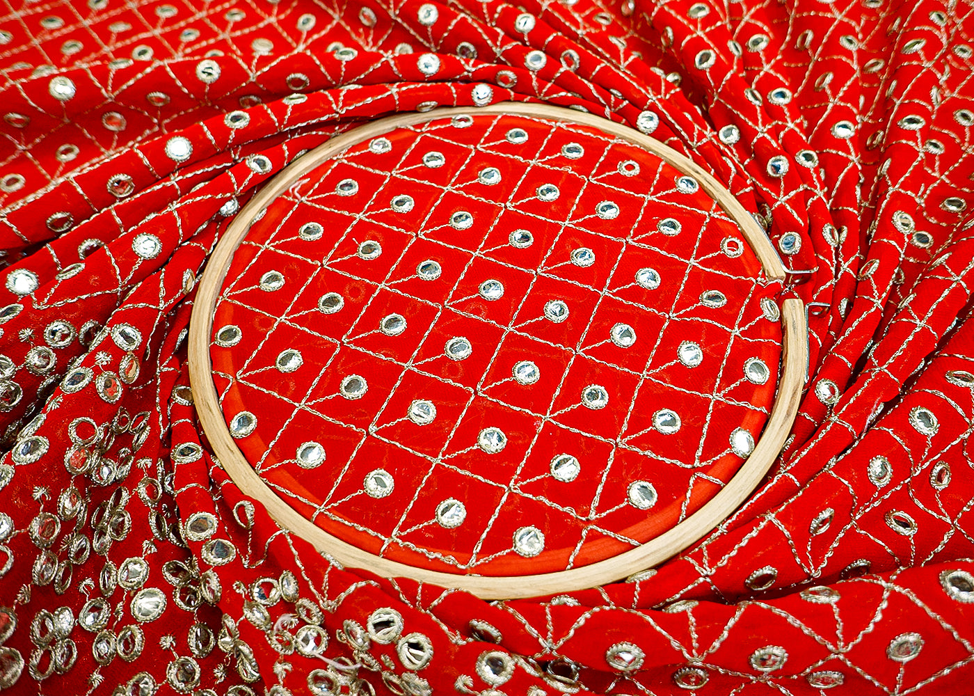 Red Georgette Fabric with Allover Faux Mirror, Thread & Sequin Work