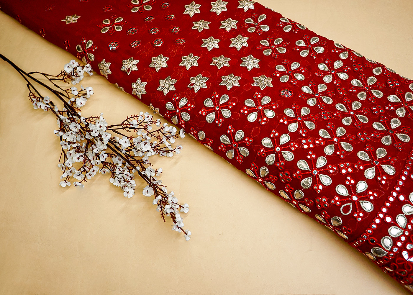 Maroon Georgette Fabric with Allover Faux Mirror, Thread & Gota Work