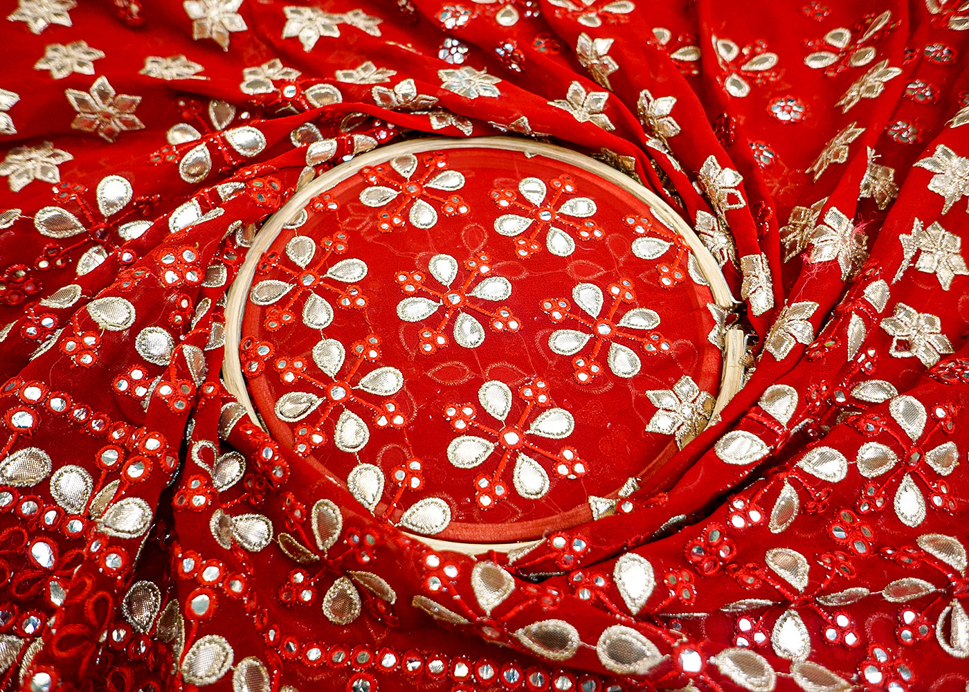 Maroon Georgette Fabric with Allover Faux Mirror, Thread & Gota Work