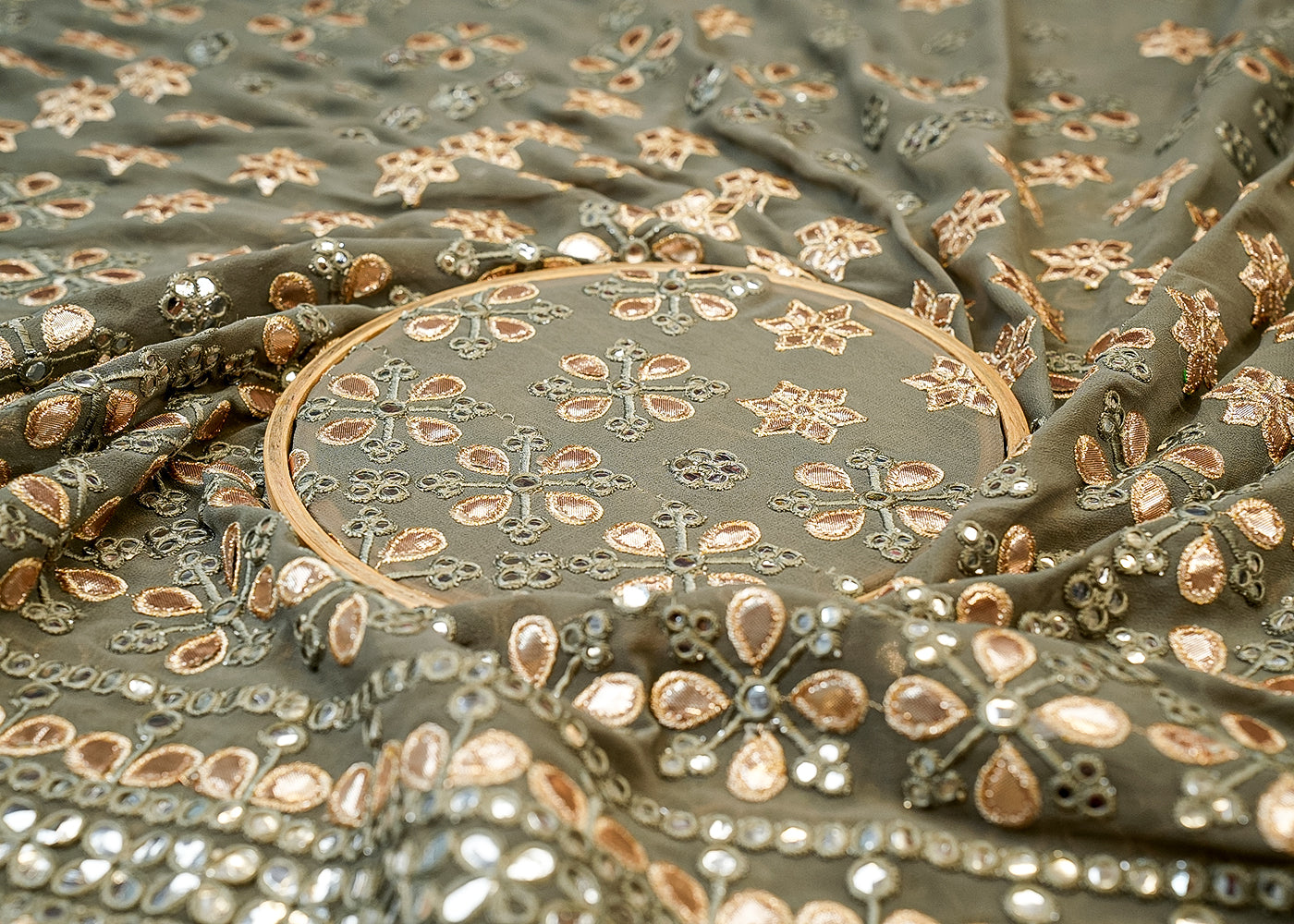 Grey Georgette fabric with allover faux mirror, thread and gota work