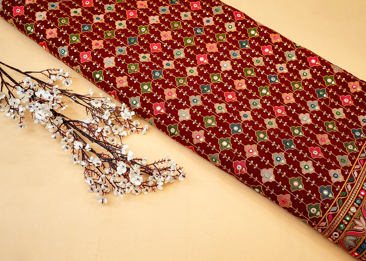 Deep Maroon Georgette Fabric with Allover Thread and Sequins Work