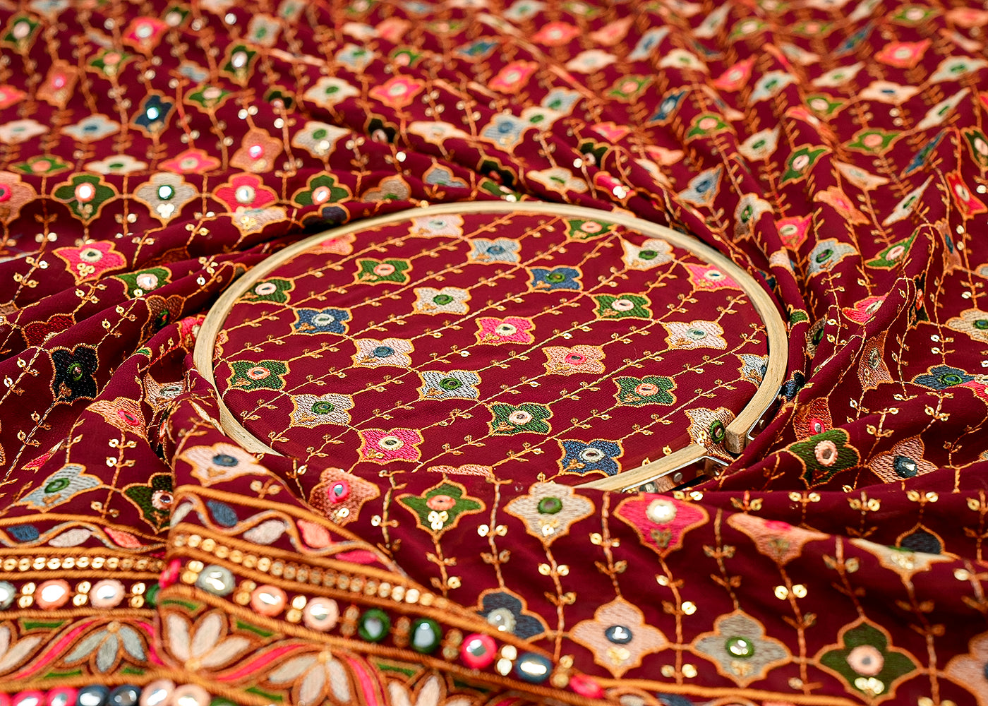 Deep Maroon Georgette Fabric with Allover Thread and Sequins Work