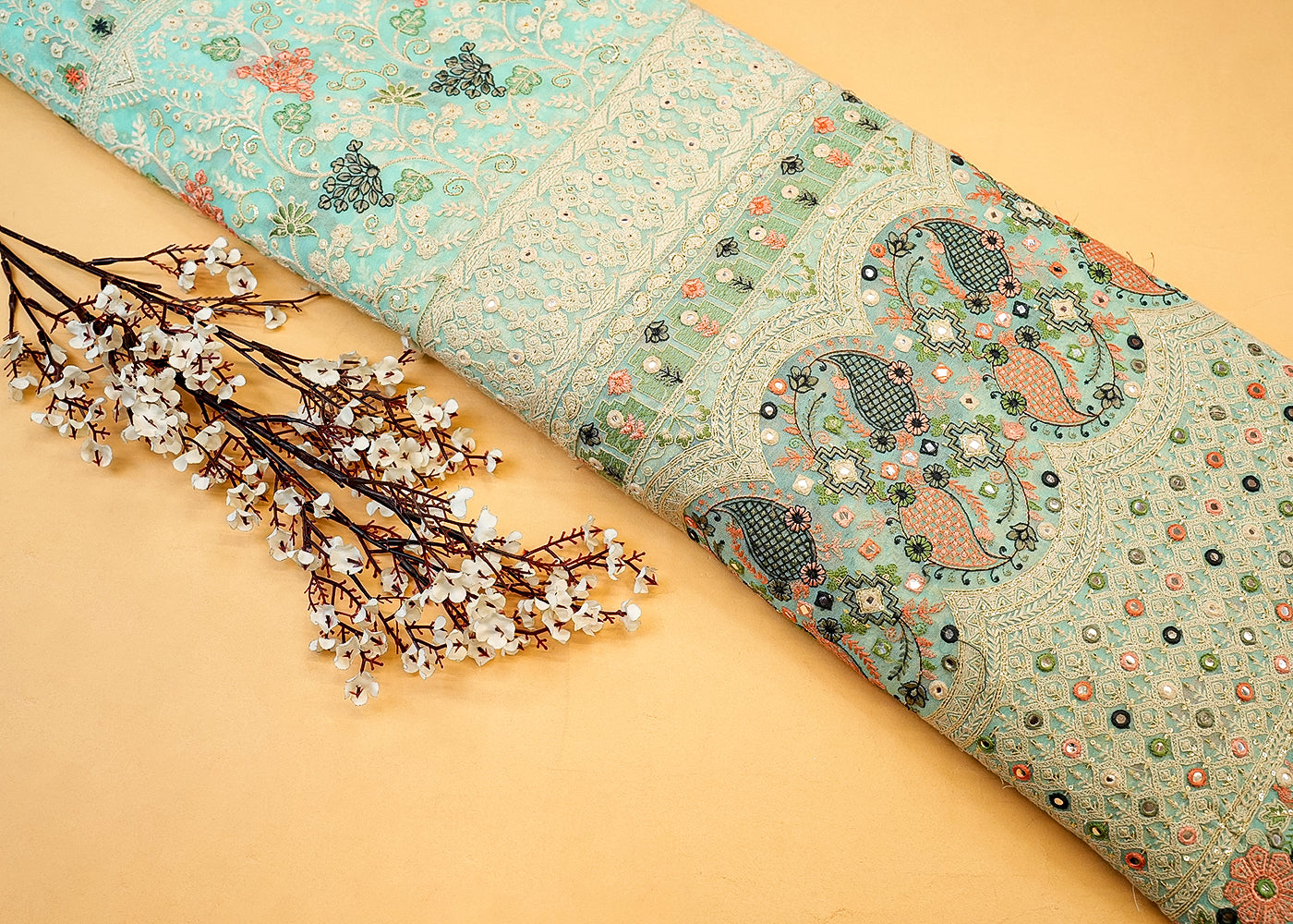 Sea Green Georgette Fabric with Allover Multicolor Thread, Faux Mirror & Sequin Work
