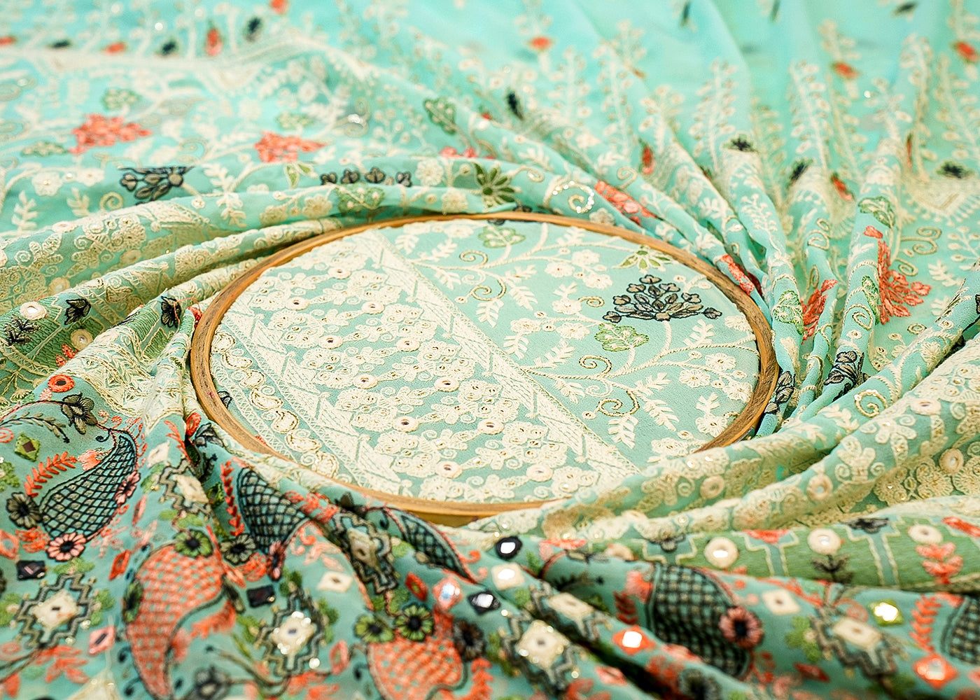 Sea Green Georgette Fabric with Allover Multicolor Thread, Faux Mirror & Sequin Work