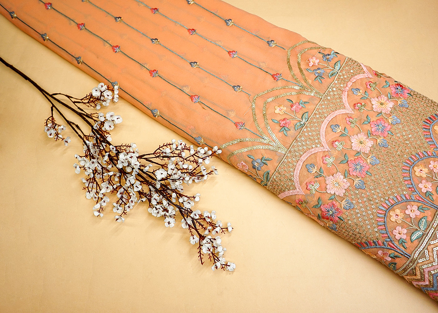 Peach Georgette Fabric with Allover Striped Thread & Sequin Work