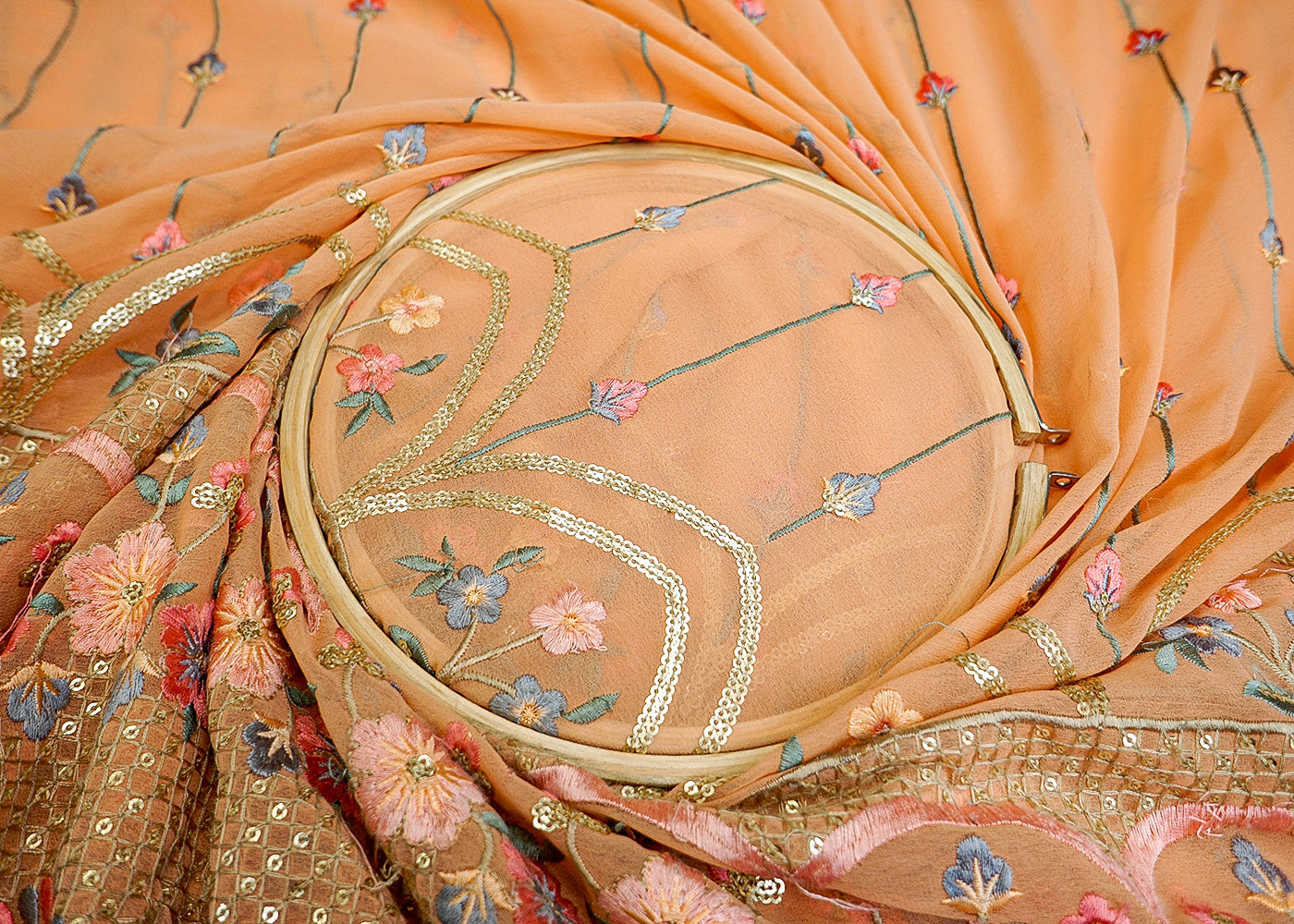 Peach Georgette Fabric with Allover Striped Thread & Sequin Work
