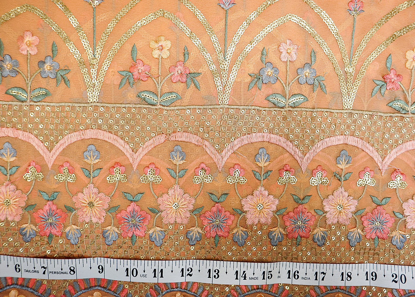 Peach Georgette Fabric with Allover Striped Thread & Sequin Work