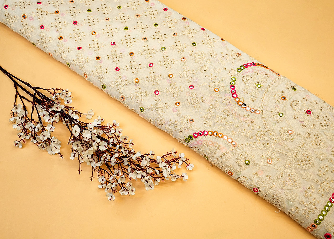 Georgette Fabric with Allover Multicolor Thread, Faux Mirror & Sequin Work