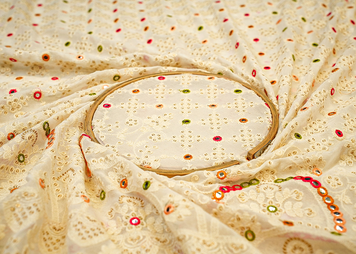 Georgette Fabric with Allover Multicolor Thread, Faux Mirror & Sequin Work