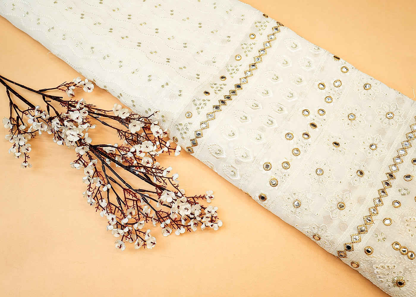 Georgette Fabric with Allover Thread, Faux Mirror & Sequin Work