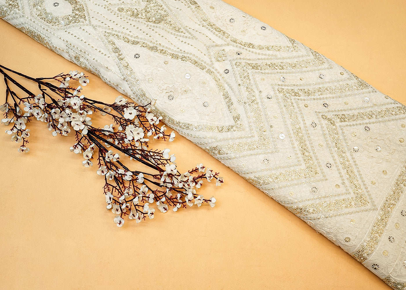 Georgette Fabric with Allover Thread & Sequin Work and Scalloped Border