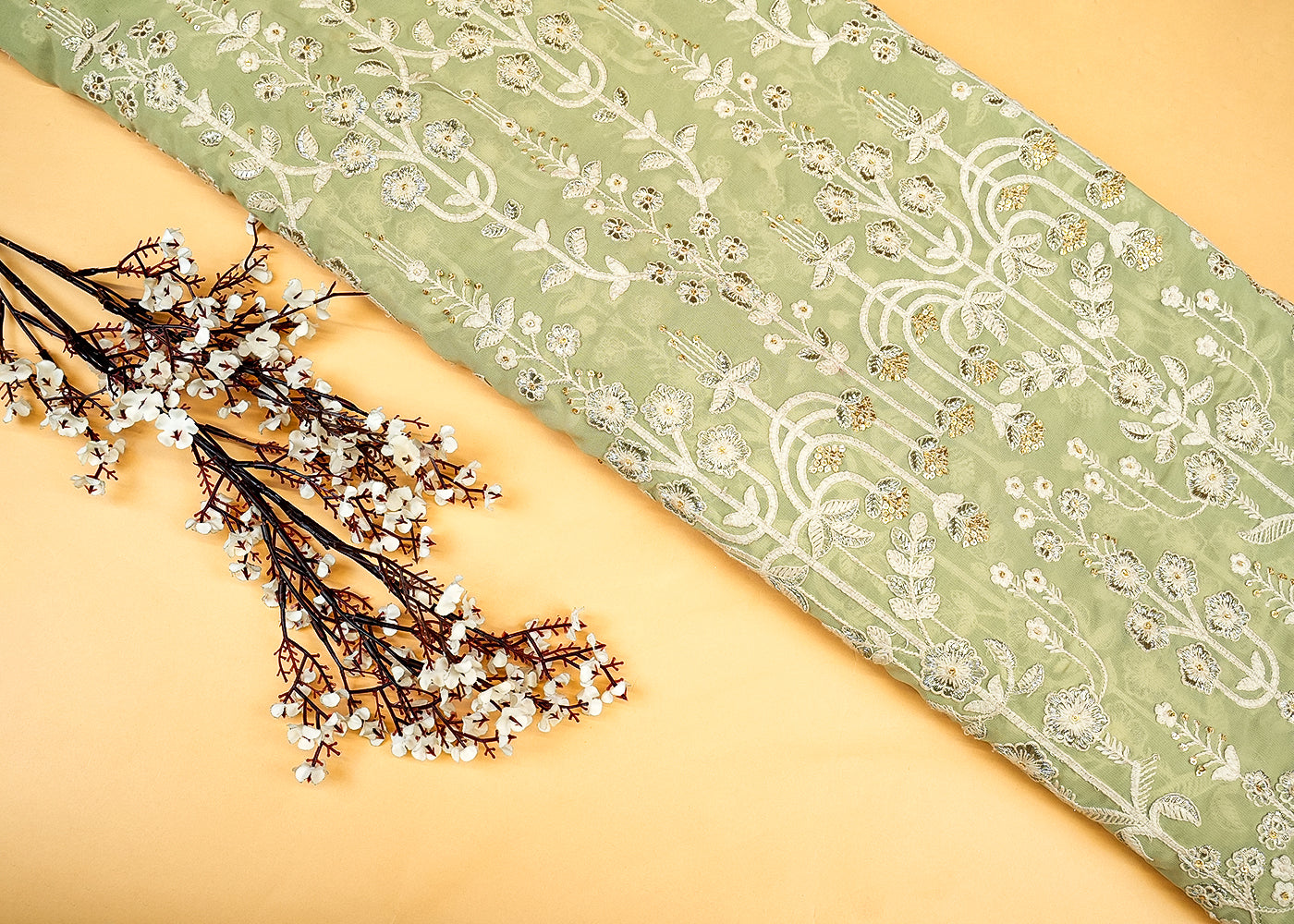 Mint Green Georgette Fabric with Allover Thread and Sequins Work with Border 13078