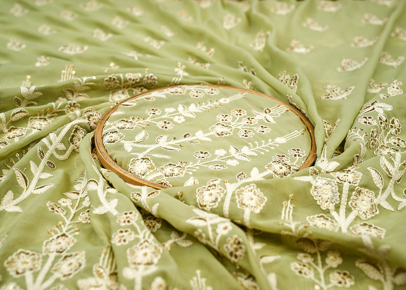 Mint Green Georgette Fabric with Allover Thread and Sequins Work with Border 13078