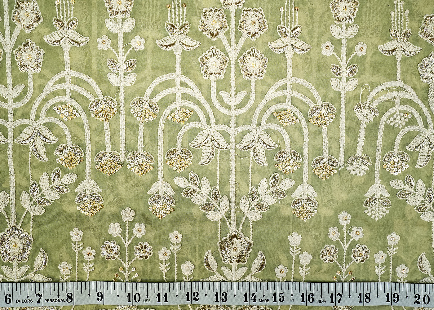 Mint Green Georgette Fabric with Allover Thread and Sequins Work with Border 13078