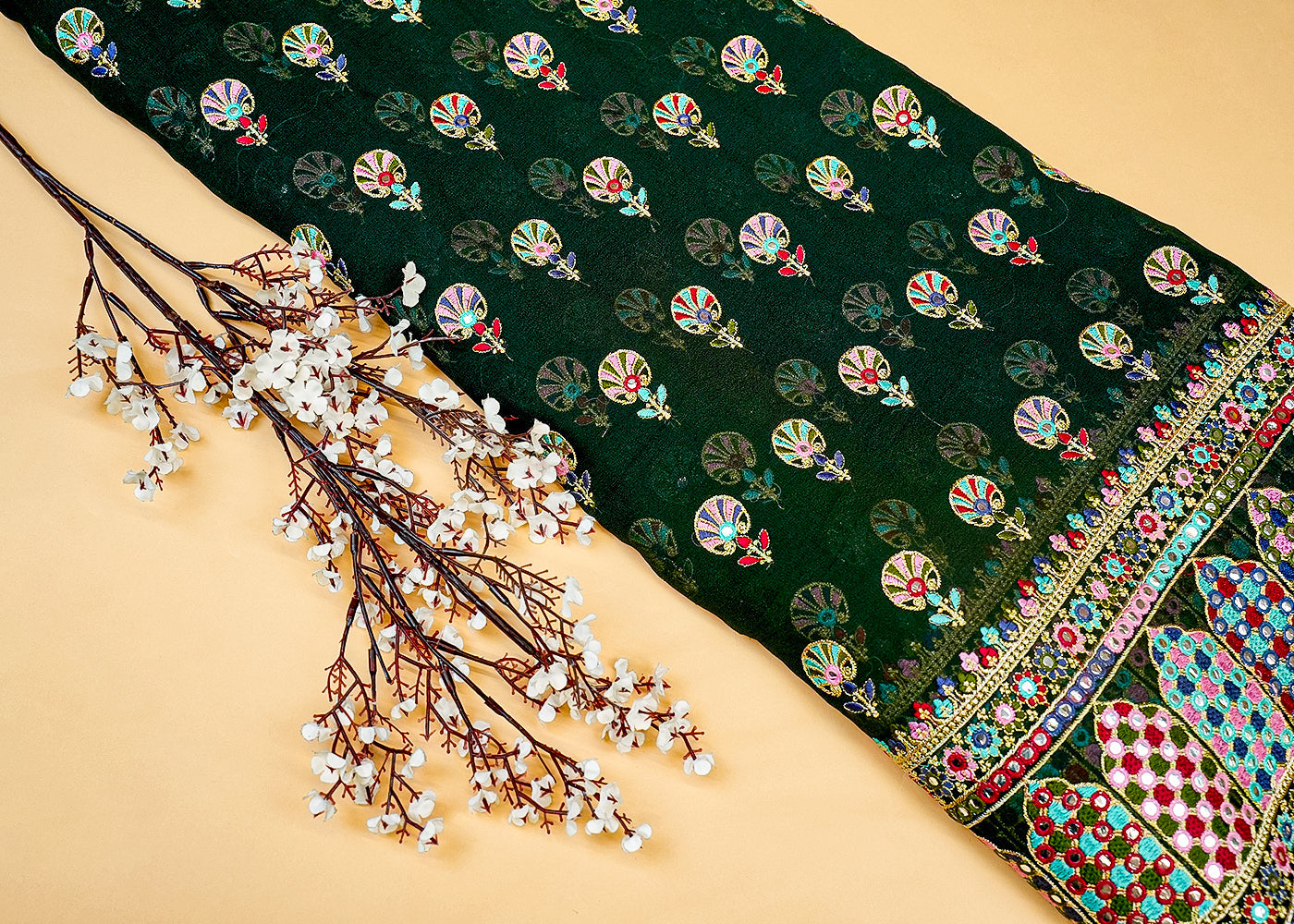 Dark green Georgette Fabric with Allover Multicolor Thread and Sequins Work with Border 13082