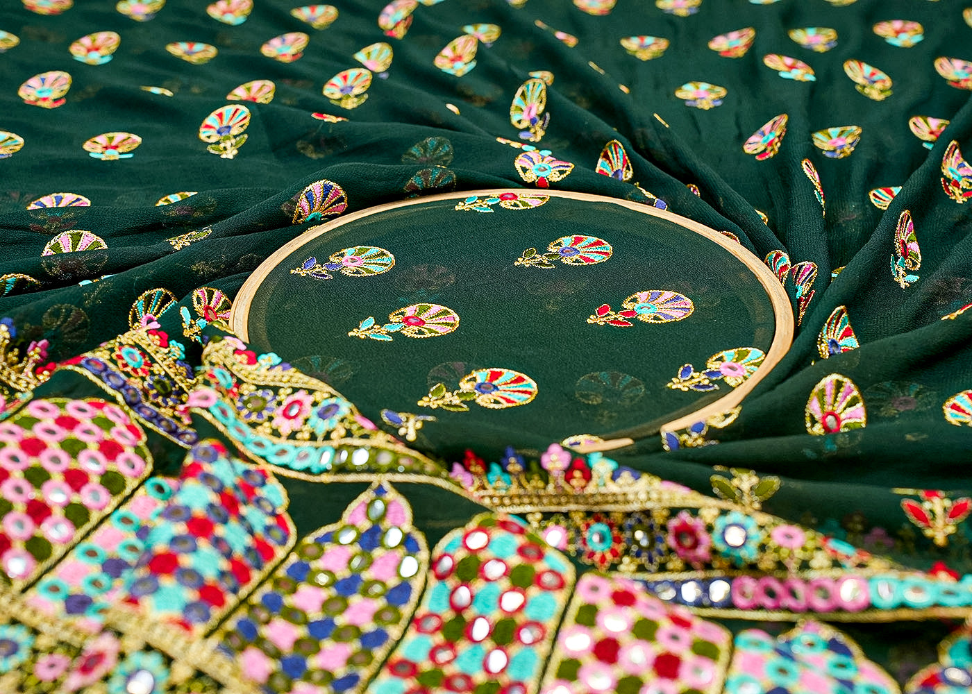 Dark green Georgette Fabric with Allover Multicolor Thread and Sequins Work with Border 13082