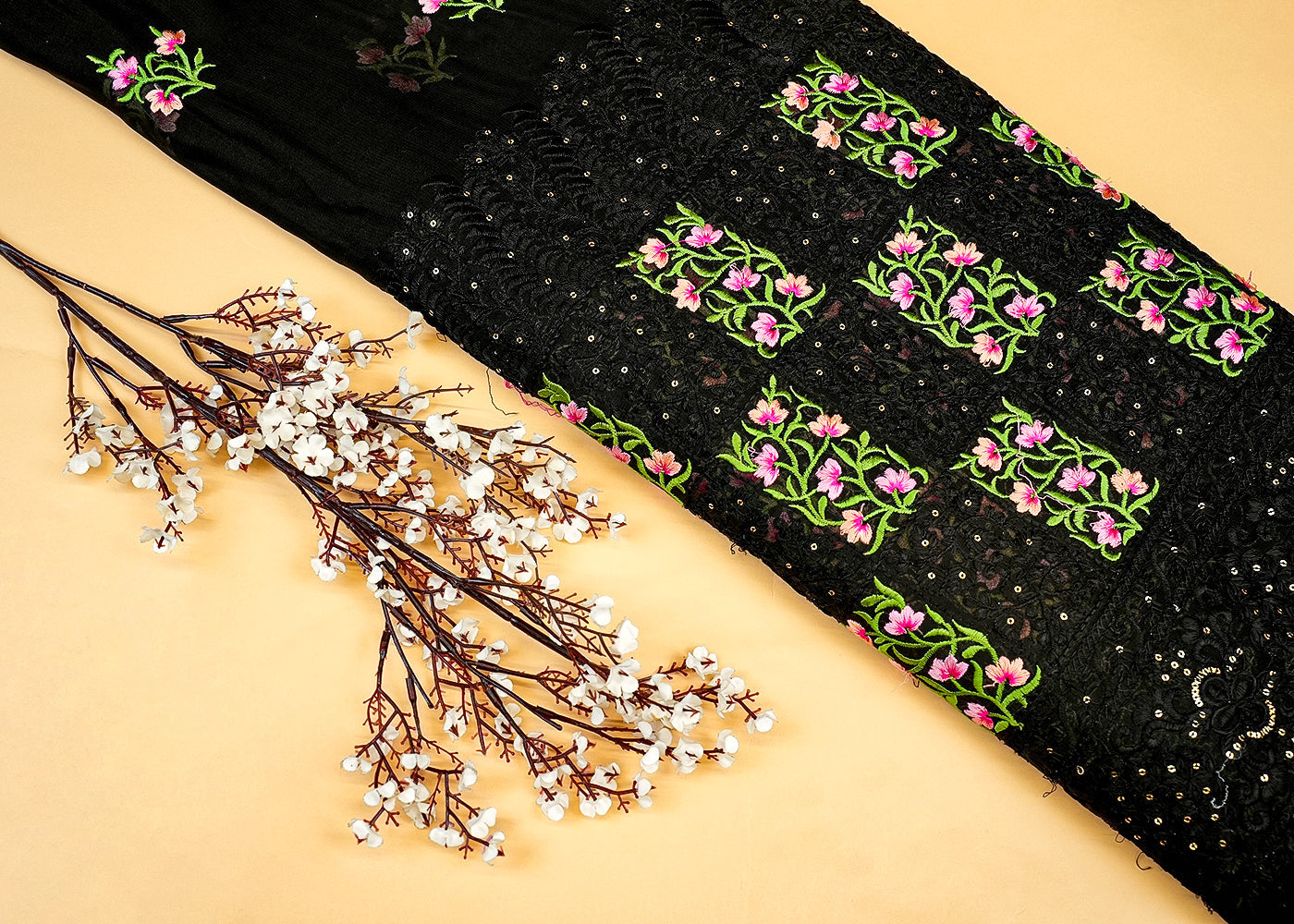 Black Georgette Fabric with Allover Thread and Sequins Work with Border 13084
