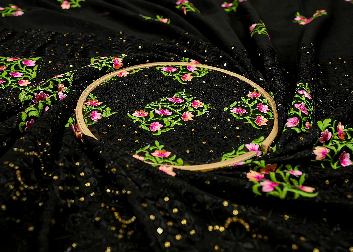 Black Georgette Fabric with Allover Thread and Sequins Work with Border 13084