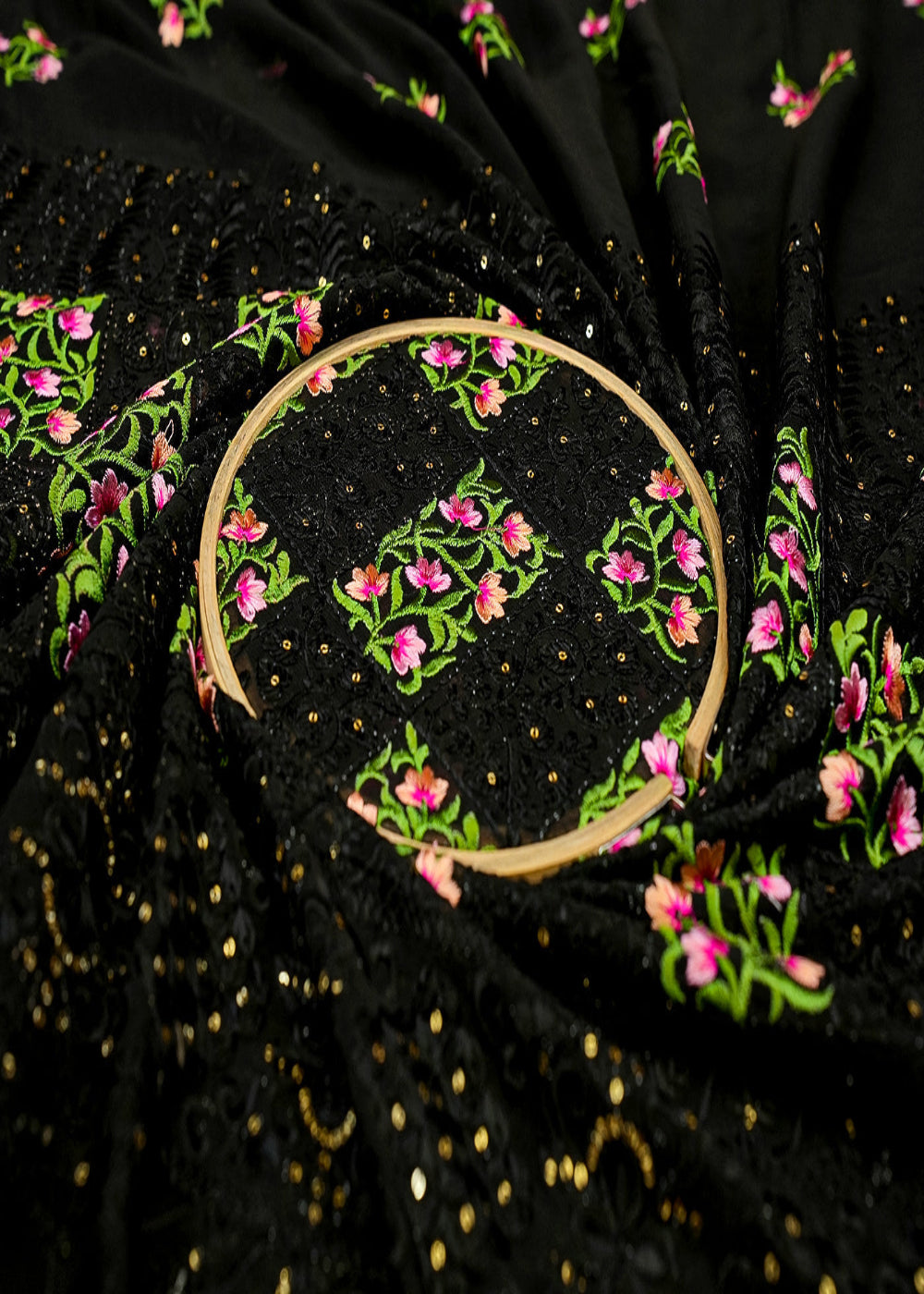 Black-Georgette-Fabric-with-Allover-Thread-and-Sequins-Work-with-Border-13084-close-view
